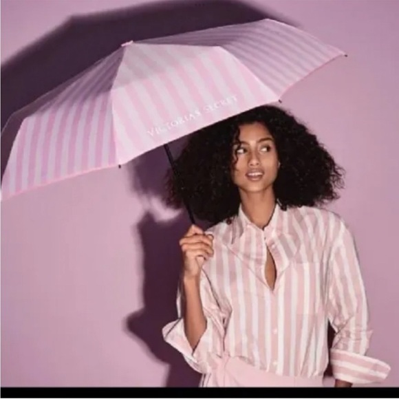 Victoria’s Secret Push-Up Umbrella with Sleeve Cover – Pink & White Stripes, New - Picture 1 of 8